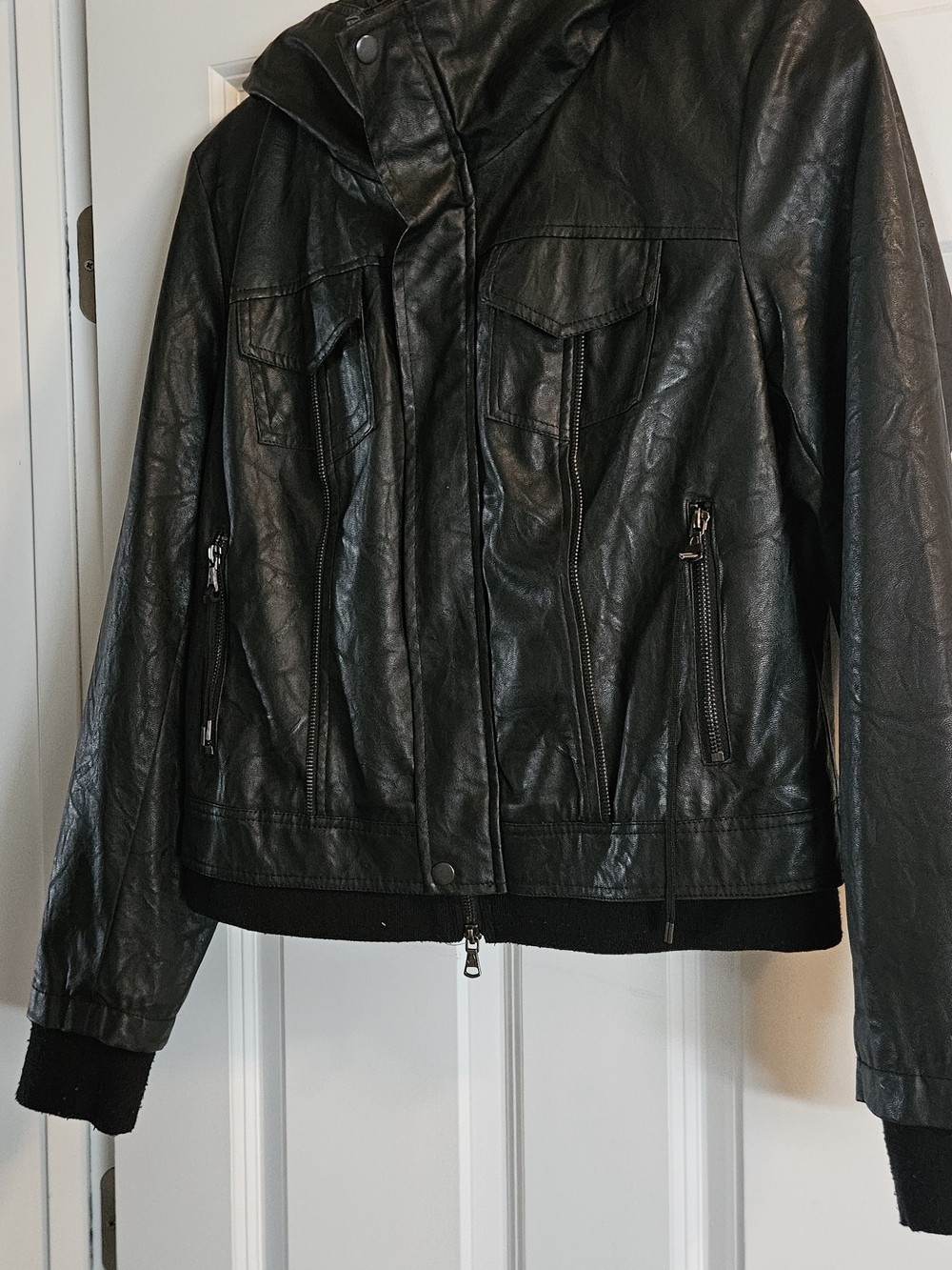 Black Faux Leather Bomber Jacket with Zip Pockets